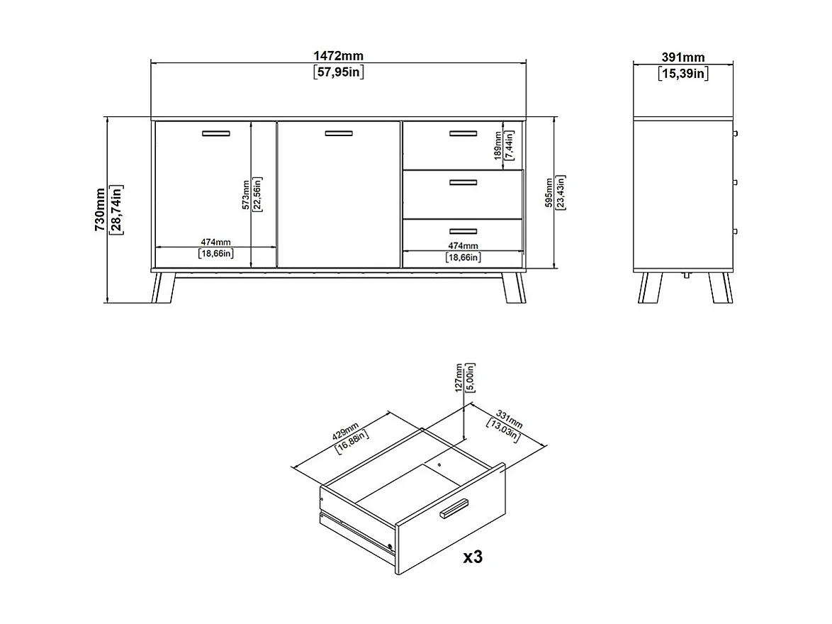 Ikast Sideboard 2 Türen, 3 Schubladen Eichen-Dekor, weiß.