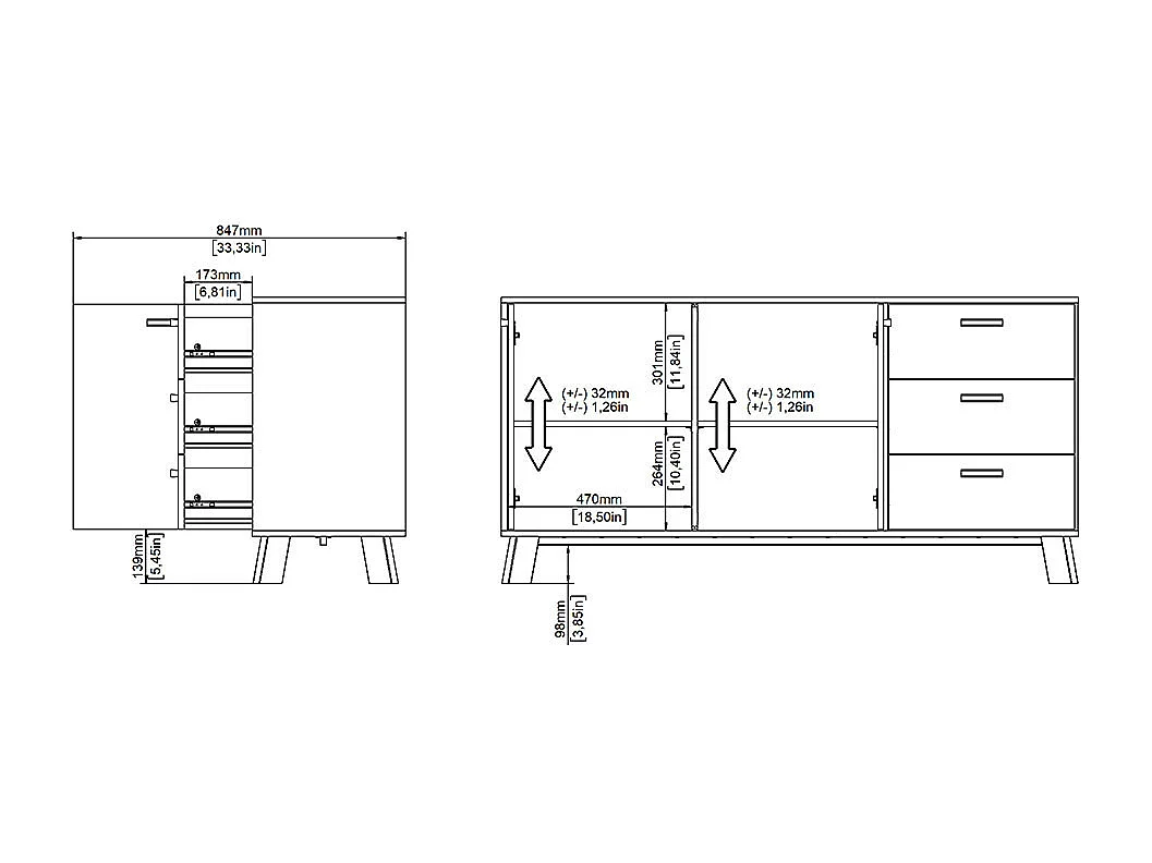 Ikast Sideboard 2 Türen, 3 Schubladen Eichen-Dekor, weiß.