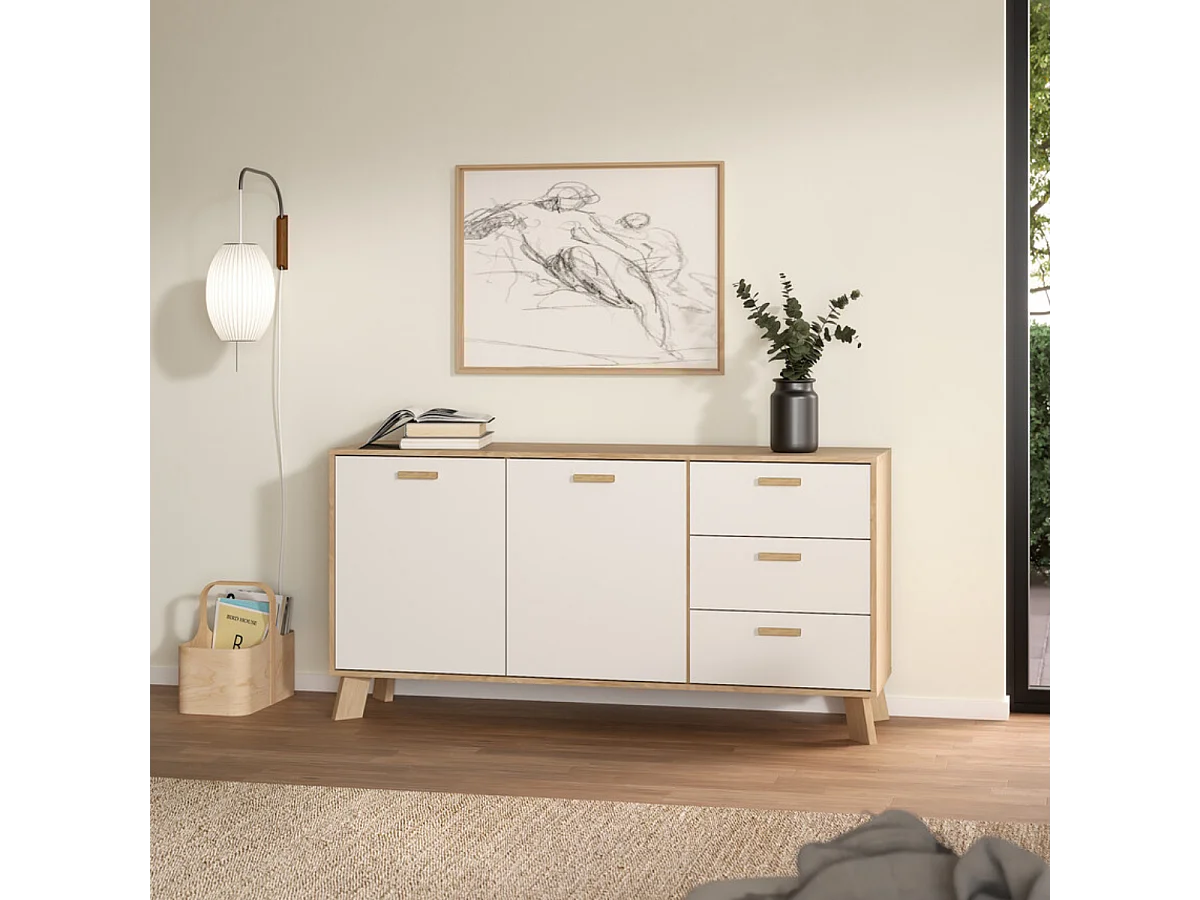 Ikast Sideboard 2 Türen, 3 Schubladen Eichen-Dekor, weiß.