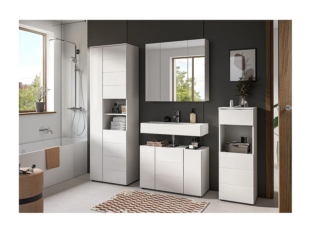 Vira Hochschrank Bad 3 Türen 2 Fächer weiß Hochglanz, weiß.