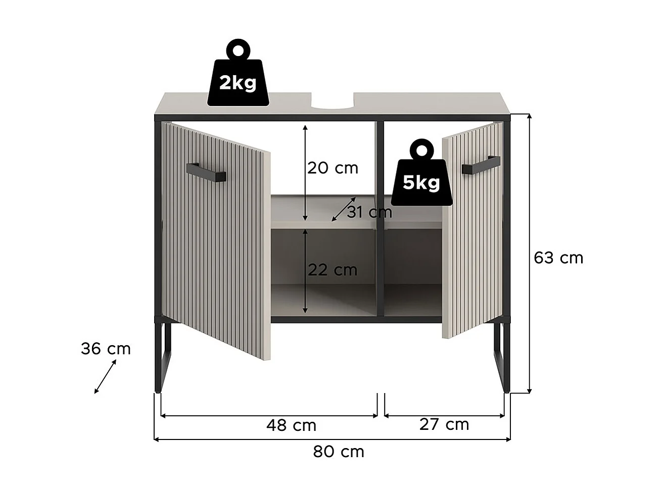 Bagno Waschbeckenunterschrank 2 Türen hellgrau, cremefarben.