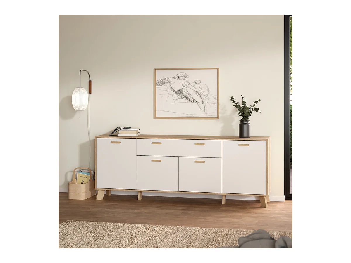 Buffet 4 portes, 1 tiroirs décor chêne et blanc L198 cm - STORM