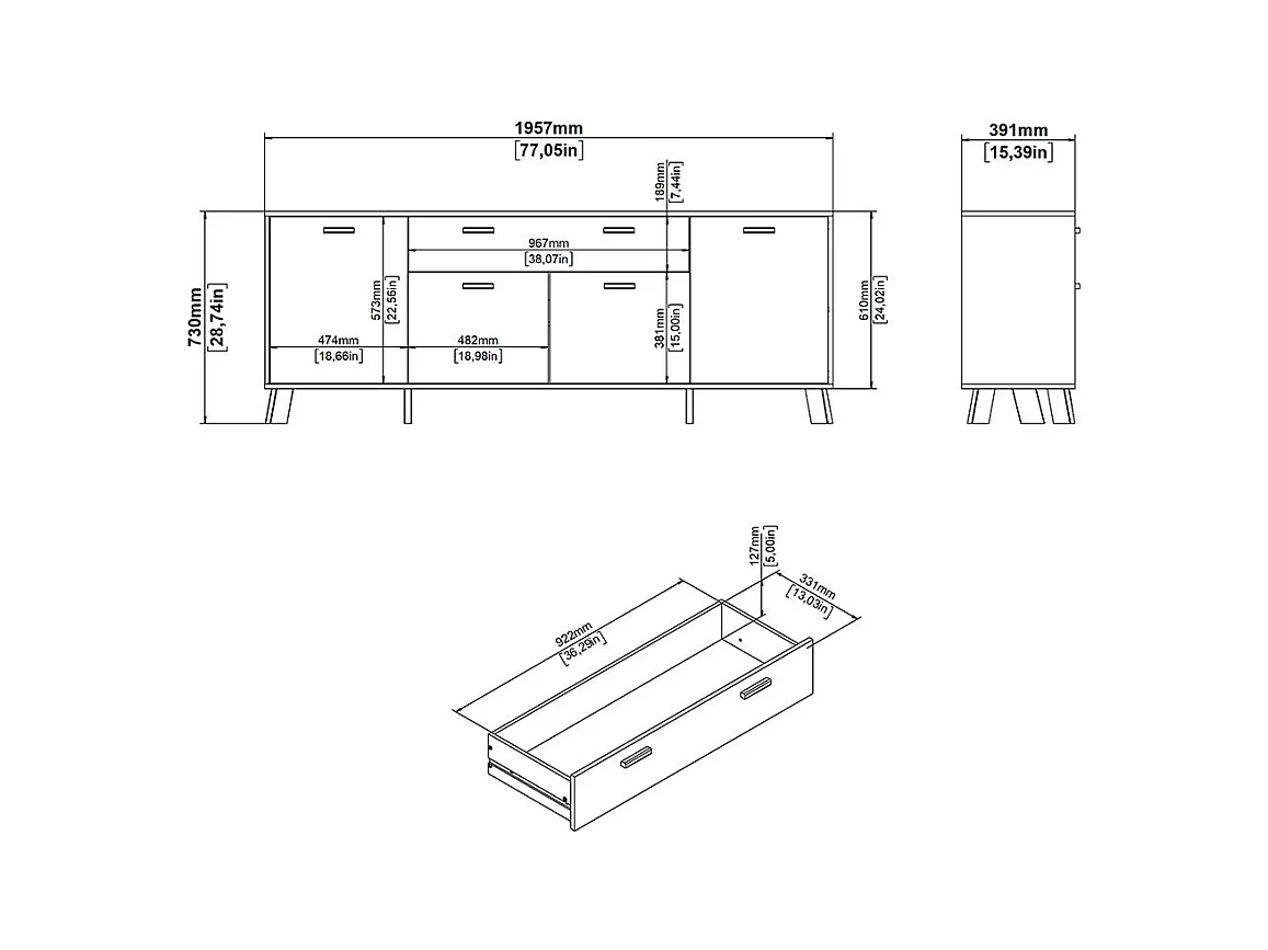 Buffet 4 portes, 1 tiroirs décor chêne et blanc L198 cm - STORM