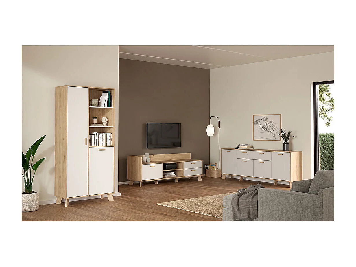 Buffet 4 portes, 1 tiroirs décor chêne et blanc L198 cm - STORM