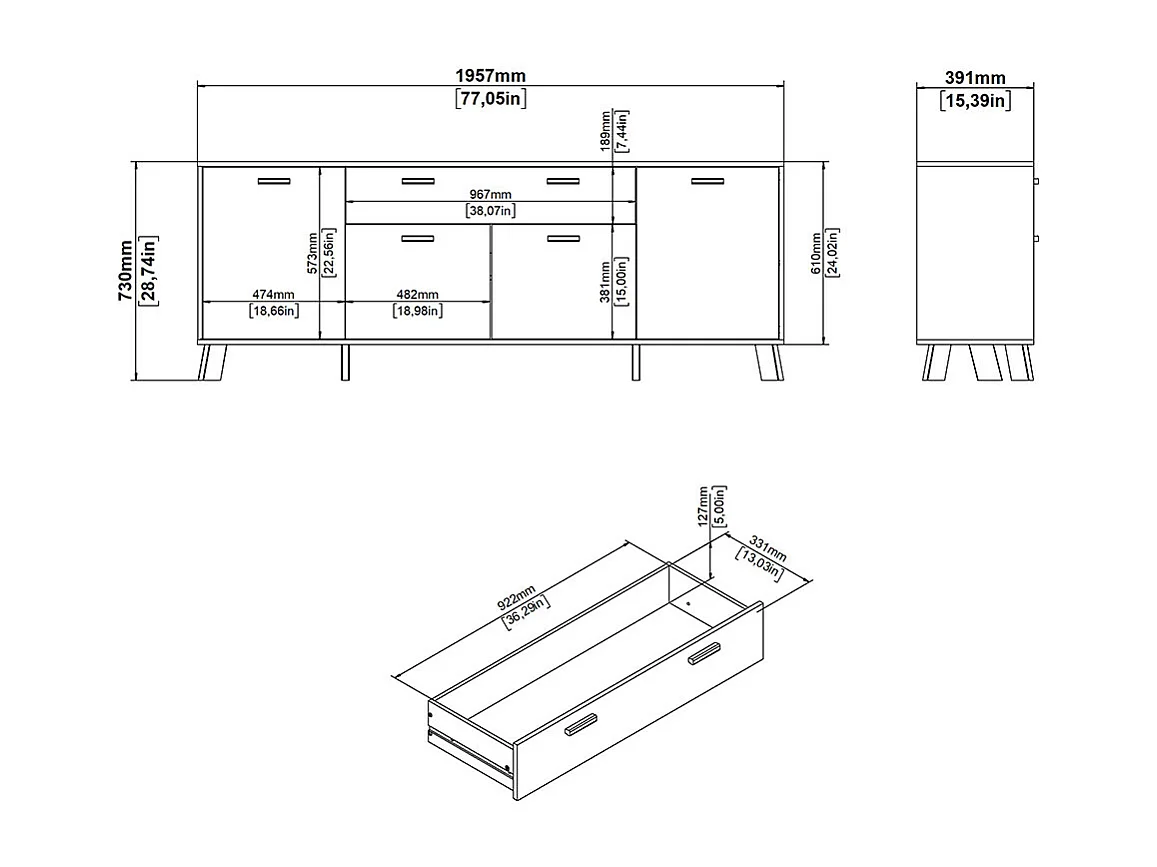 Ikast Sideboard 4 Türen, 1 Schublade Eichen-Dekor, weiß.