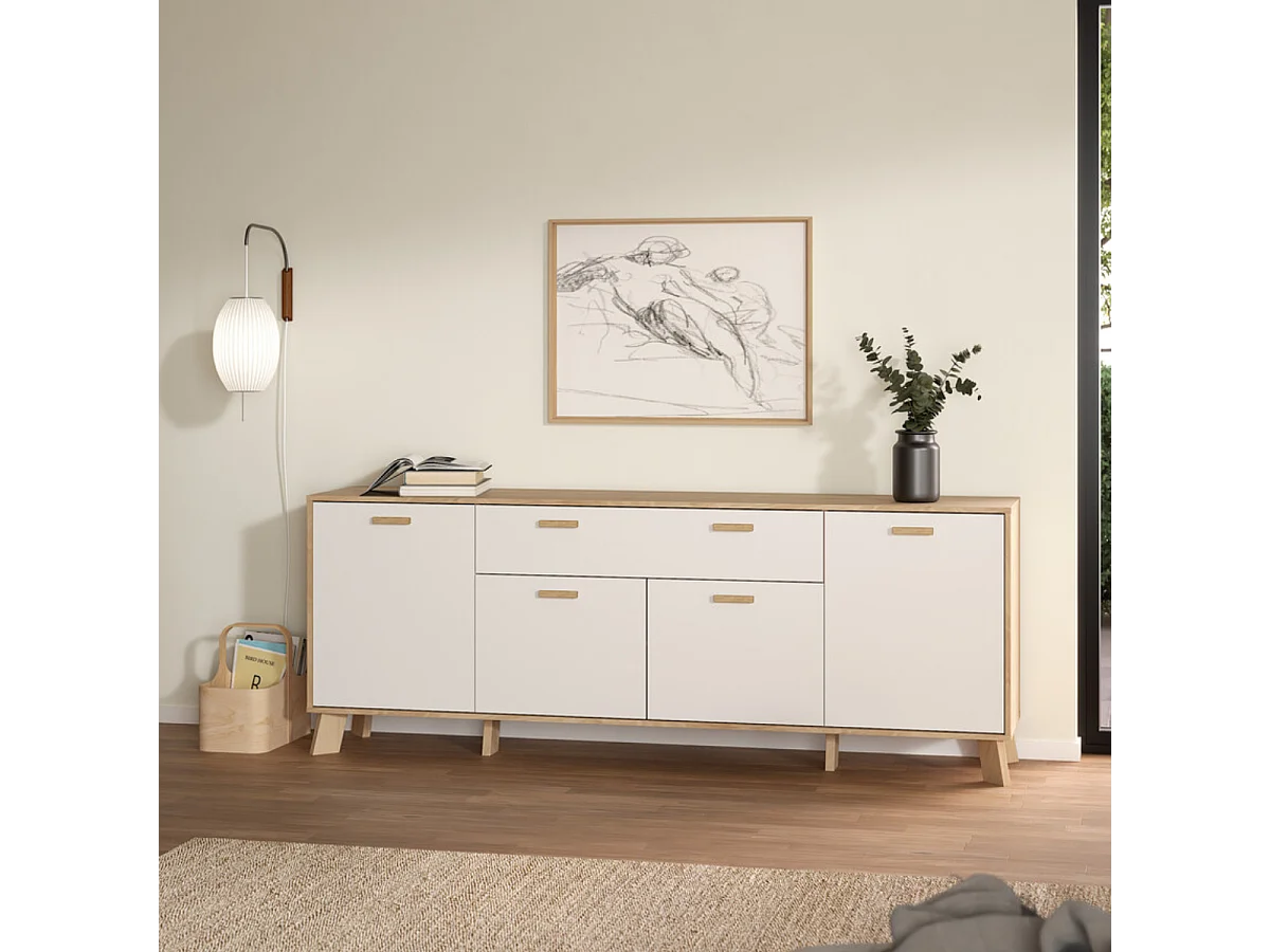 Buffet 4 portes, 1 tiroirs décor chêne et blanc L198 cm - STORM