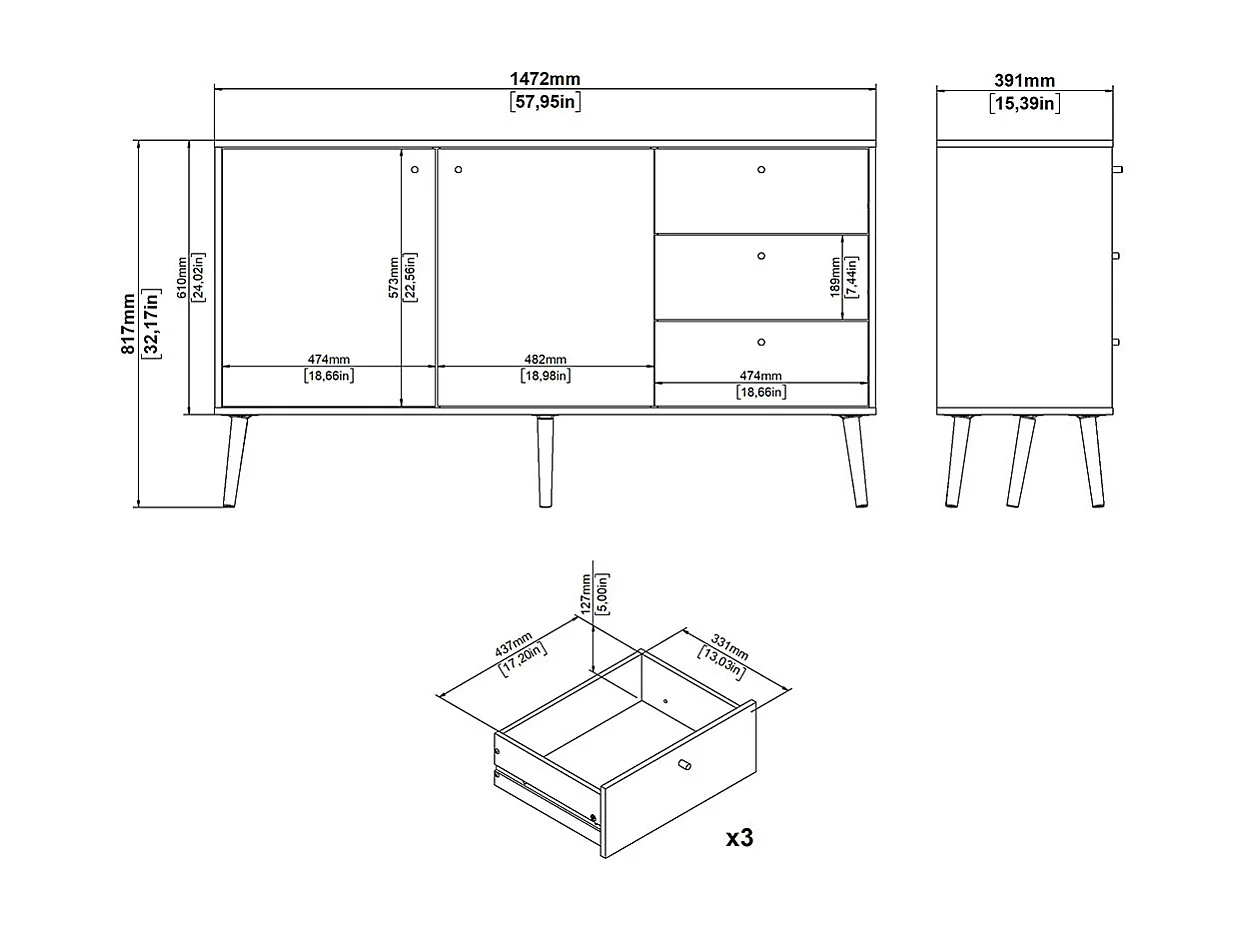 Buffet 2 portes et 3 tiroirs avec pieds en bois L147,2 cm - TARP