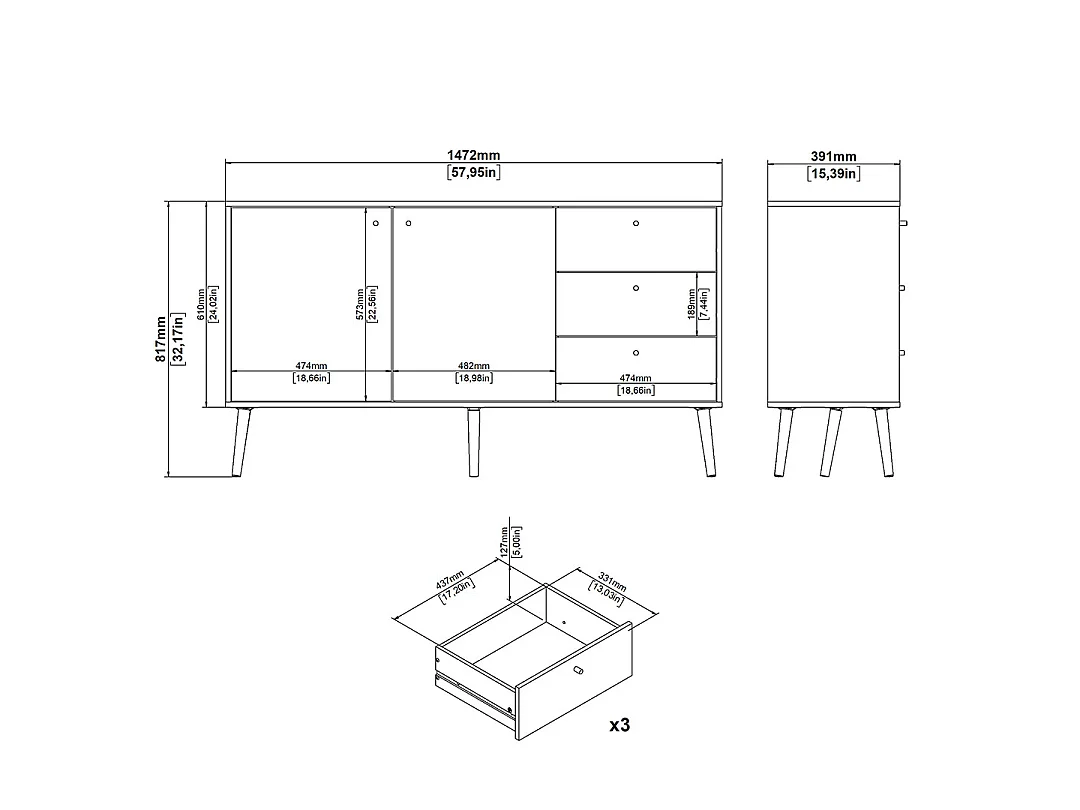 Buffet 2 portes et 3 tiroirs avec pieds en bois L147,2 cm - TARP