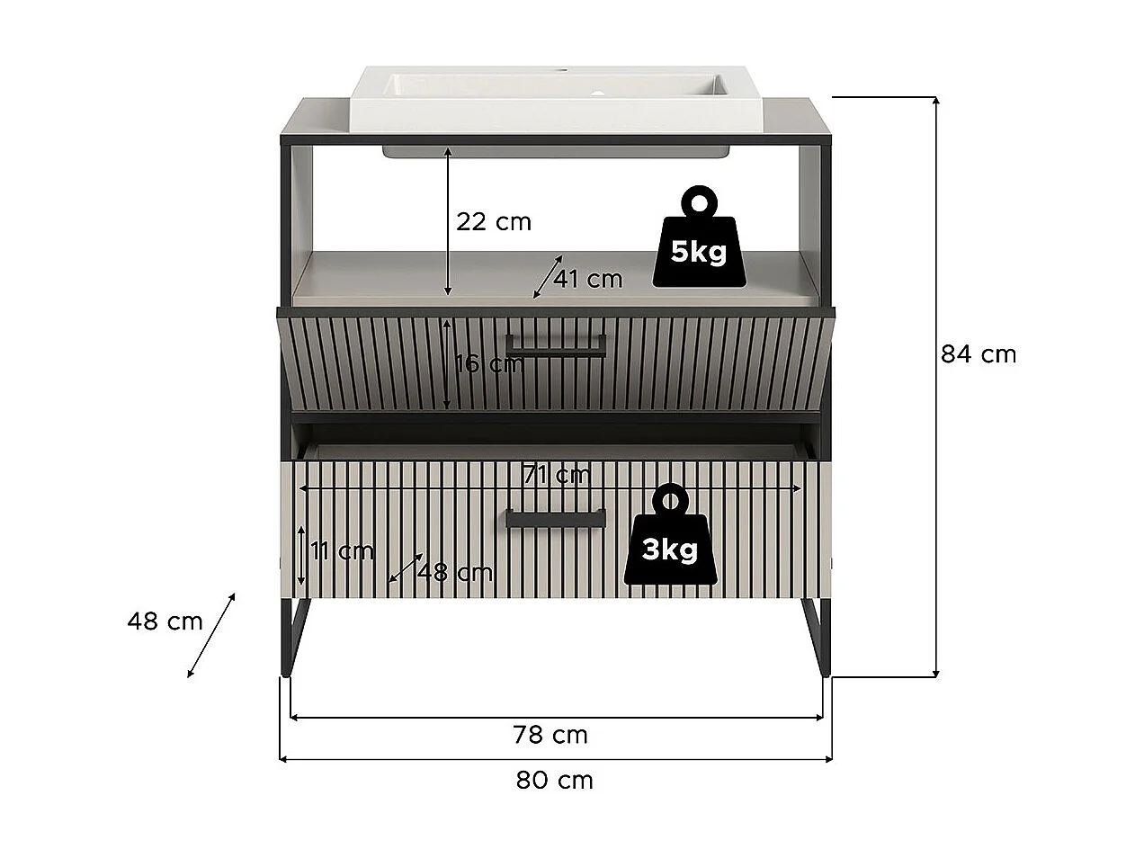 Bagno Waschbeckenunterschrank inkl. Waschbecken 1 Schublade 1 Klapptür hellgrau, cremefarben.