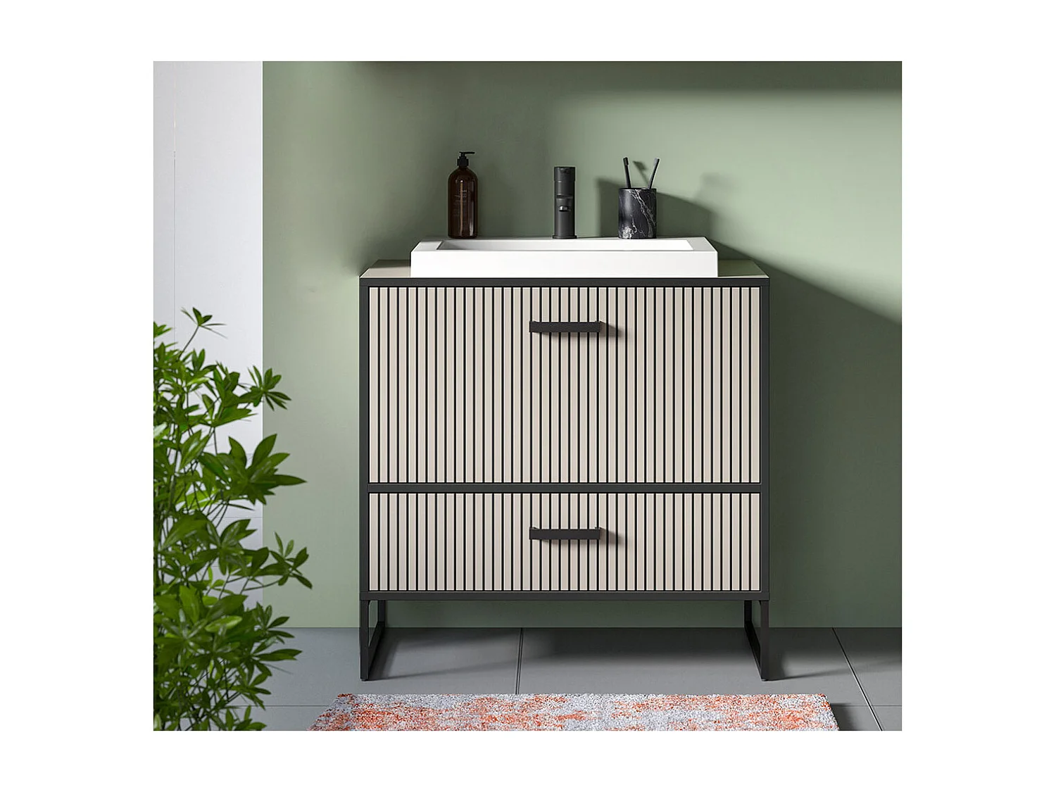 Bagno Waschbeckenunterschrank inkl. Waschbecken 1 Schublade 1 Klapptür hellgrau, cremefarben.