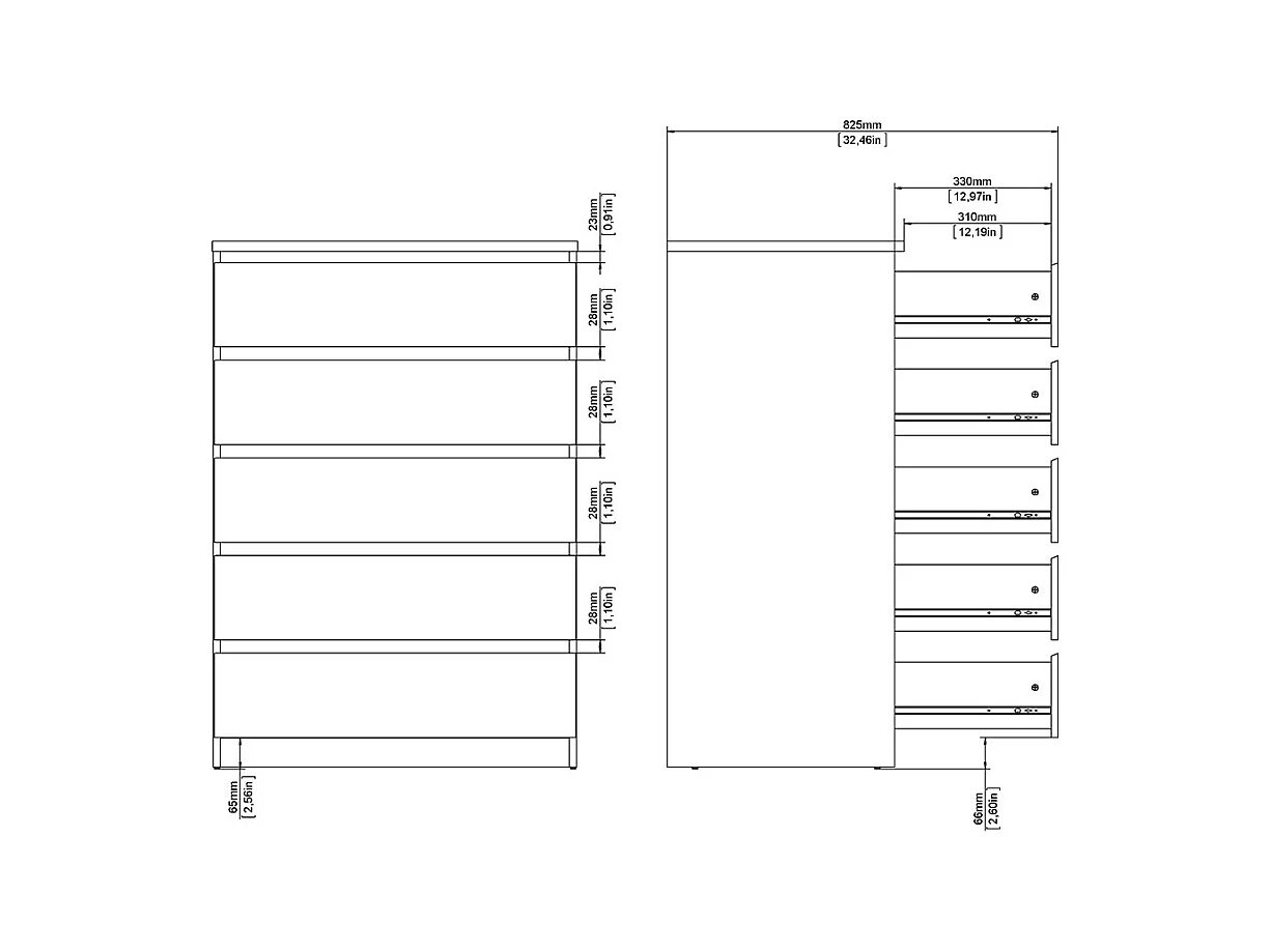 Naia Kommode 5 Schubladen weiß.