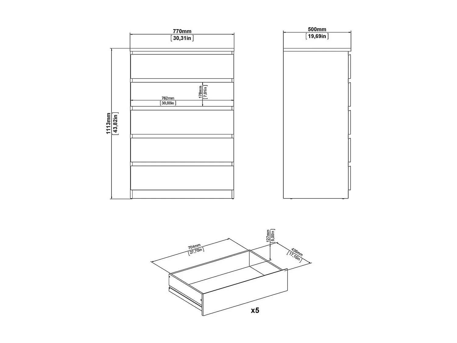 Naia Kommode 5 Schubladen weiß.