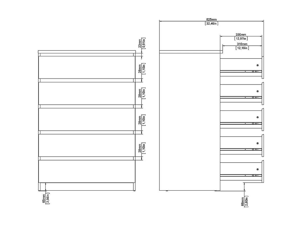 Naia Kommode 5 Schubladen weiß.