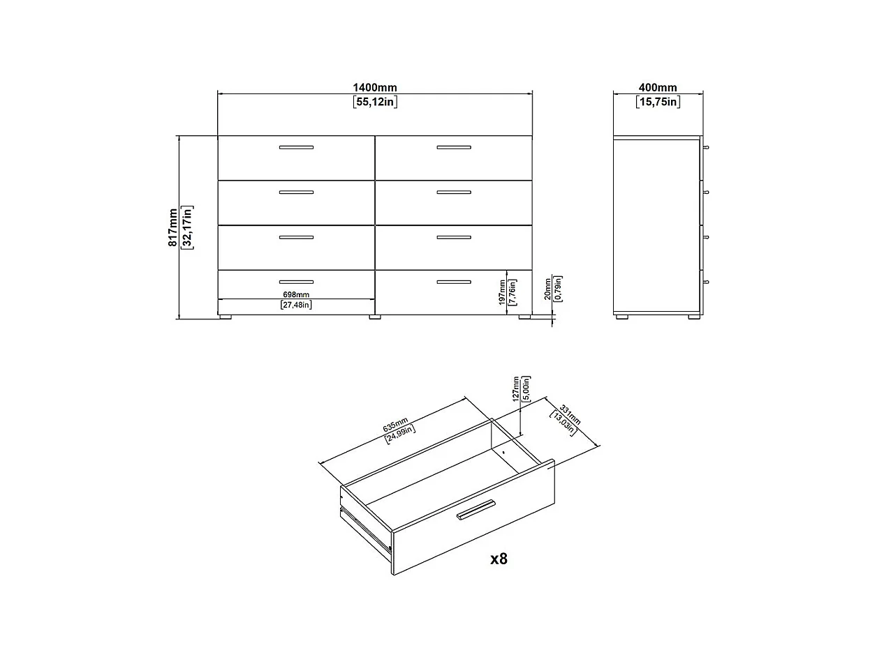 Pepe Kommode 8 Schubladen Eichenstruktur-Dekor, weiß hochglanz.
