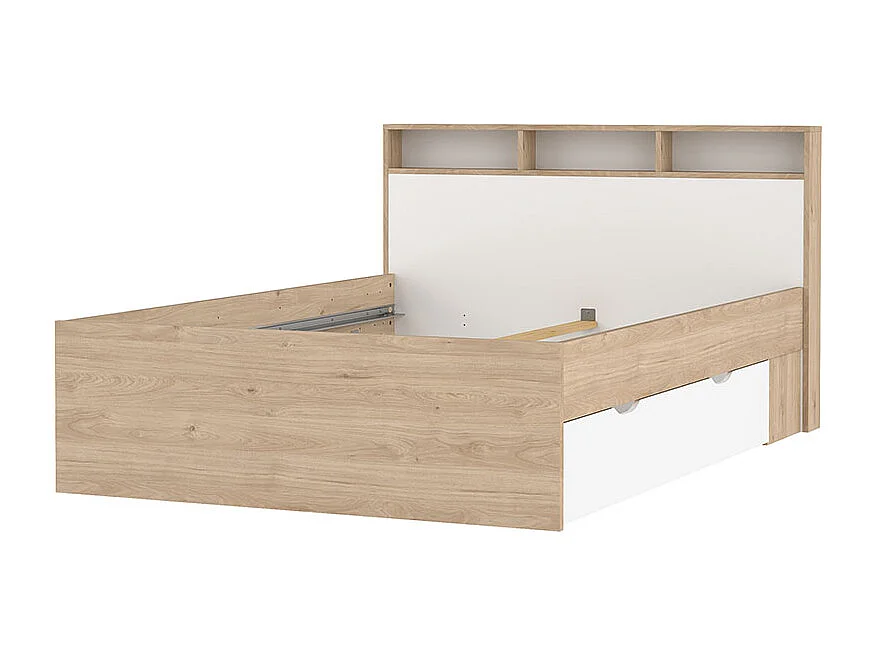 Ikast Bett 140x200cm, 2 Schubladen, 3 Ablagen Eichen-Dekor, weiß.