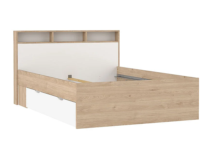 Ikast Bett 140x200cm, 2 Schubladen, 3 Ablagen Eichen-Dekor, weiß.
