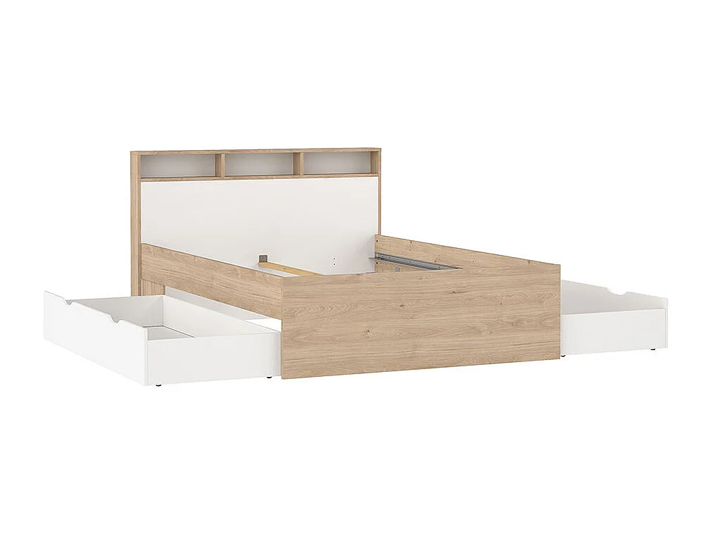 Ikast Bett 140x200cm, 2 Schubladen, 3 Ablagen Eichen-Dekor, weiß.