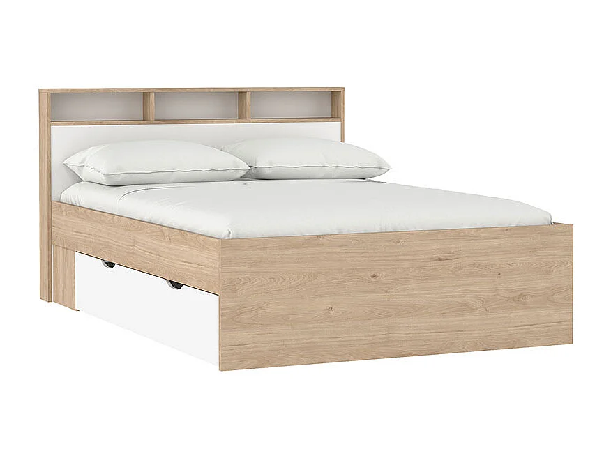 Ikast Bett 140x200cm, 2 Schubladen, 3 Ablagen Eichen-Dekor, weiß.