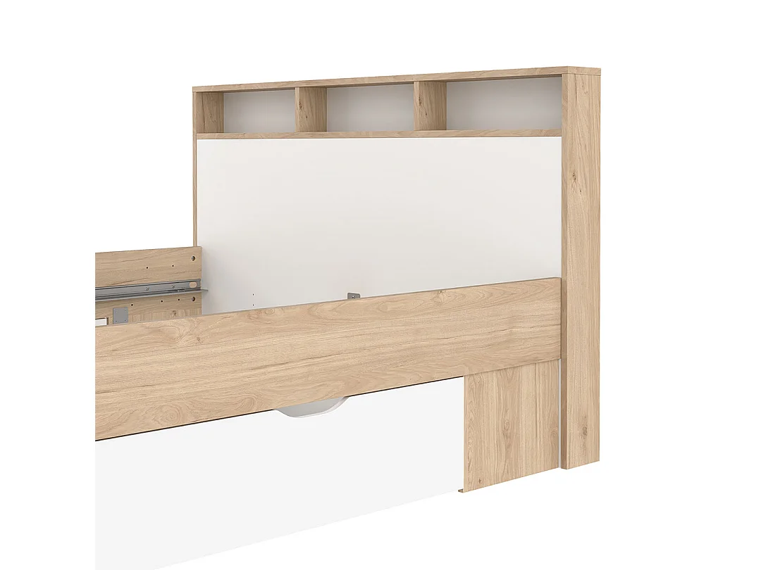 Ikast Bett 140x200cm, 2 Schubladen, 3 Ablagen Eichen-Dekor, weiß.