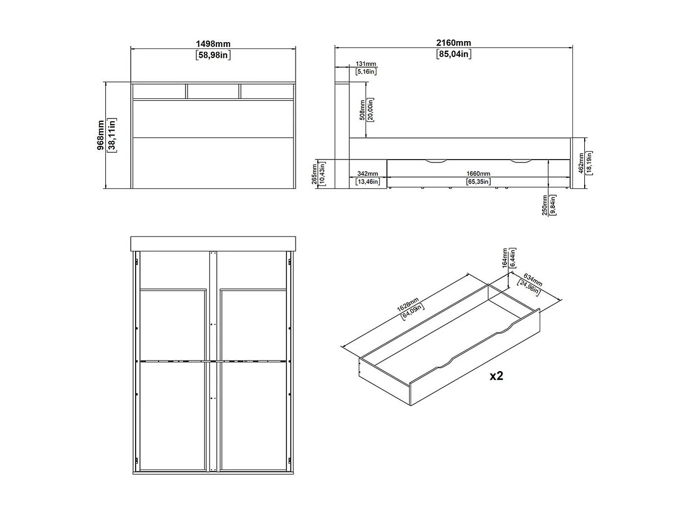 Ikast Bett 140x200cm, 2 Schubladen, 3 Ablagen Eichen-Dekor, weiß.