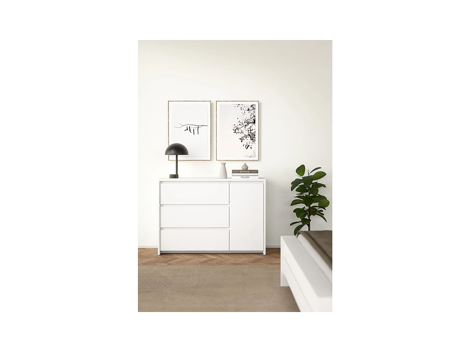 Next Kommode 1 Tür 3 Schubladen weiß.