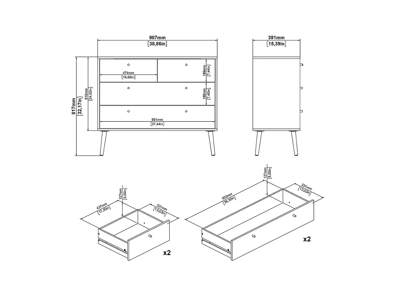 Bodo Kommode 4 Schubladen matte grau.