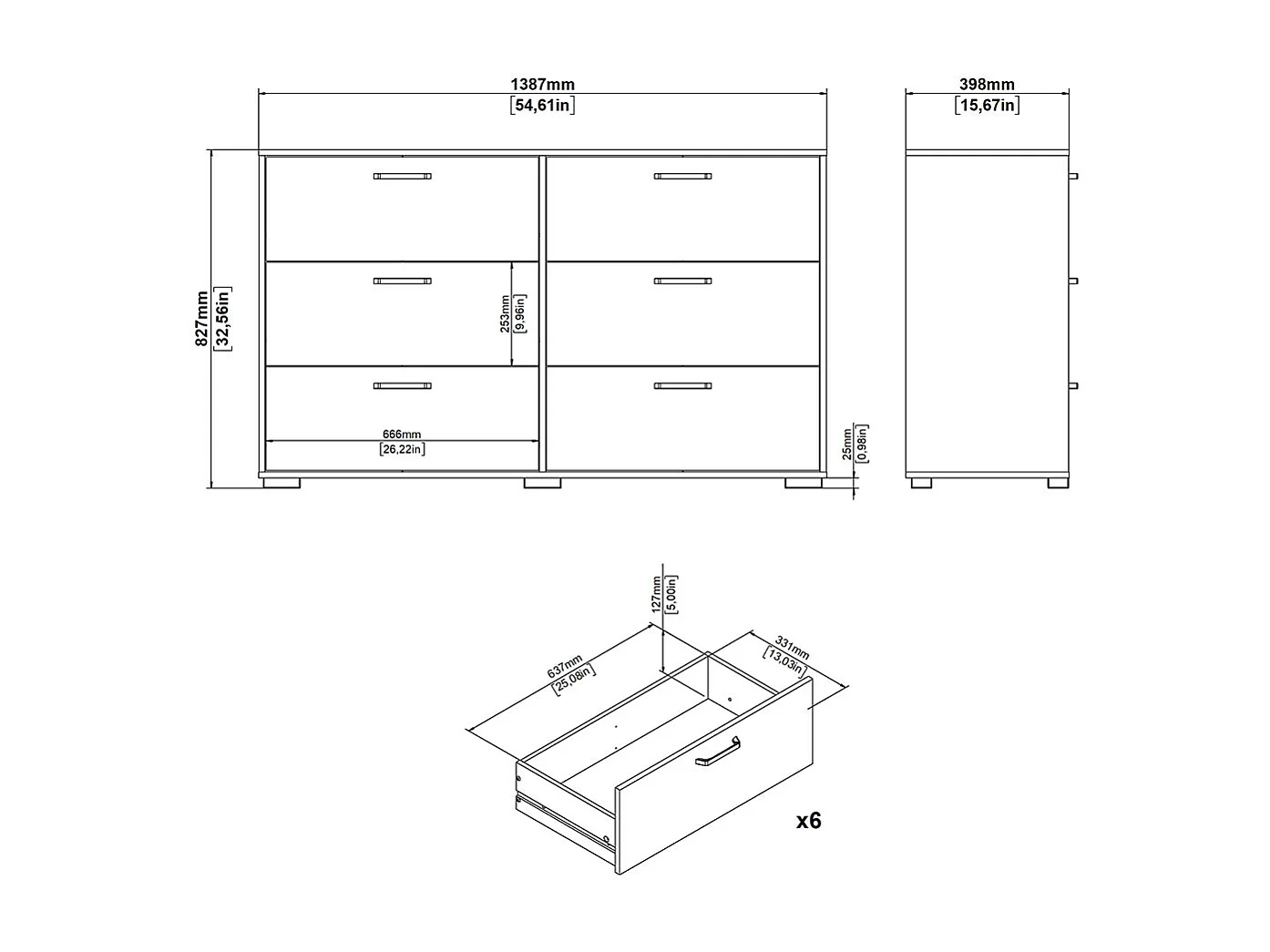 Sofia Kommode 6 Schubladen Eiche Dekor.