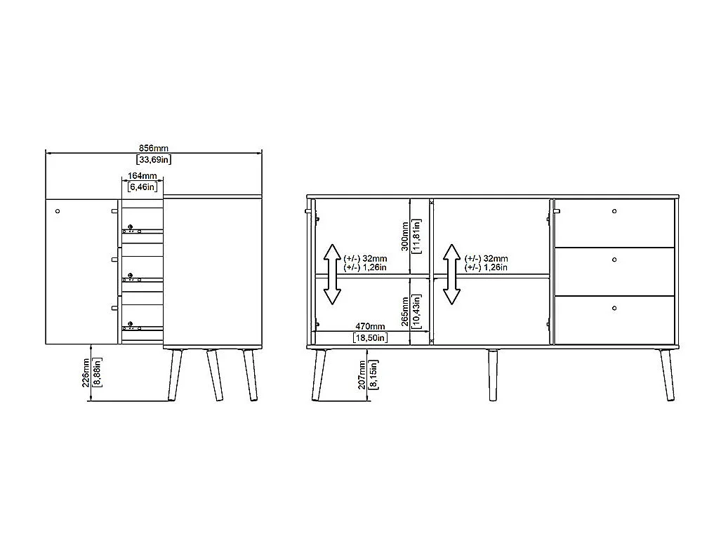 Buffet 2 portes et 3 tiroirs avec pieds en bois L147,2 cm - TARP