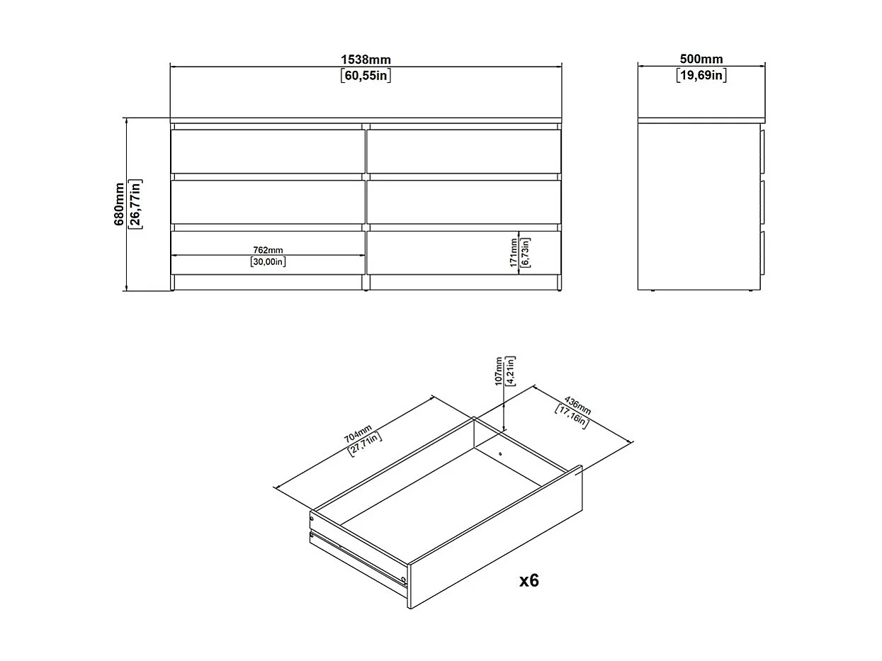 Naia Kommode 6 Schubladen weiß hochglanz.