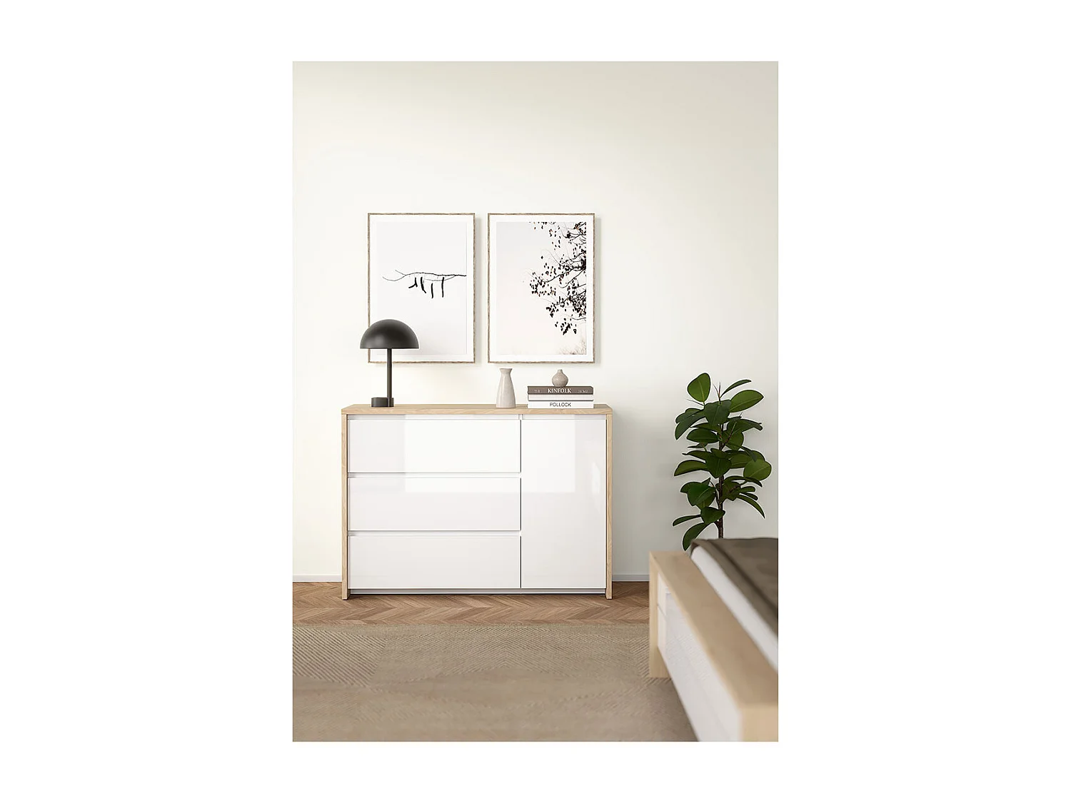 Next Kommode 1 Tür 3 Schubladen weiß Hochglanz.