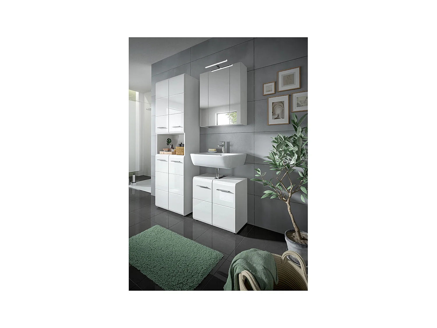 Ice Hochschrank Bad 4 Türen 1 Fach weiß Hochglanz.