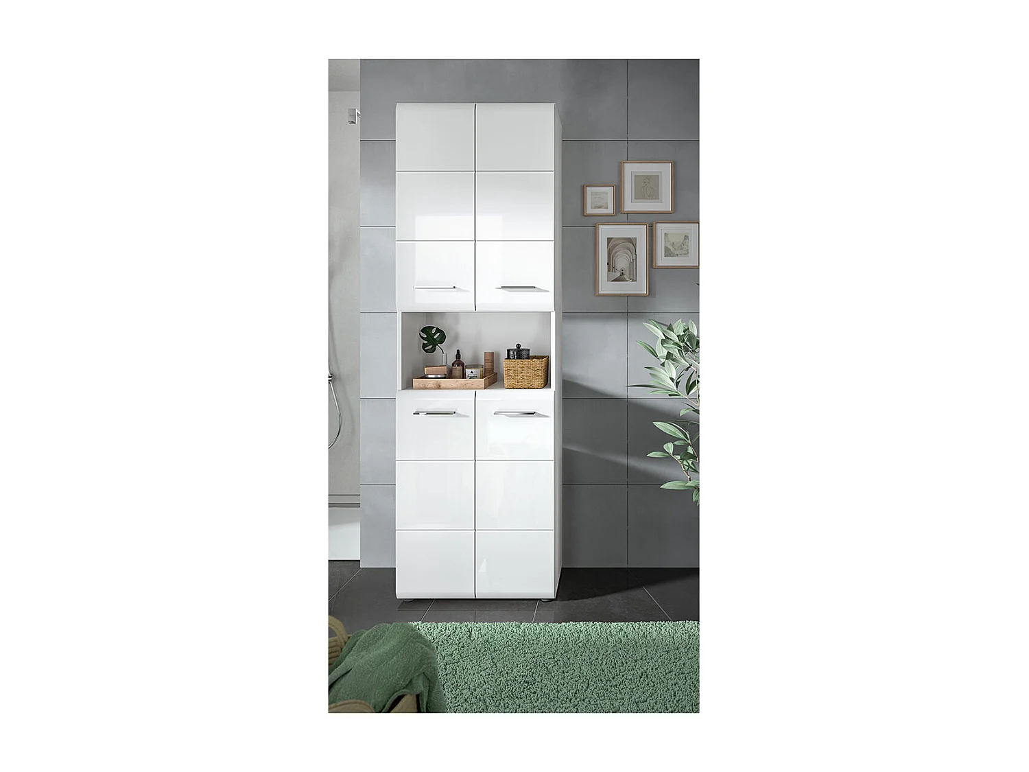 Ice Hochschrank Bad 4 Türen 1 Fach weiß Hochglanz.