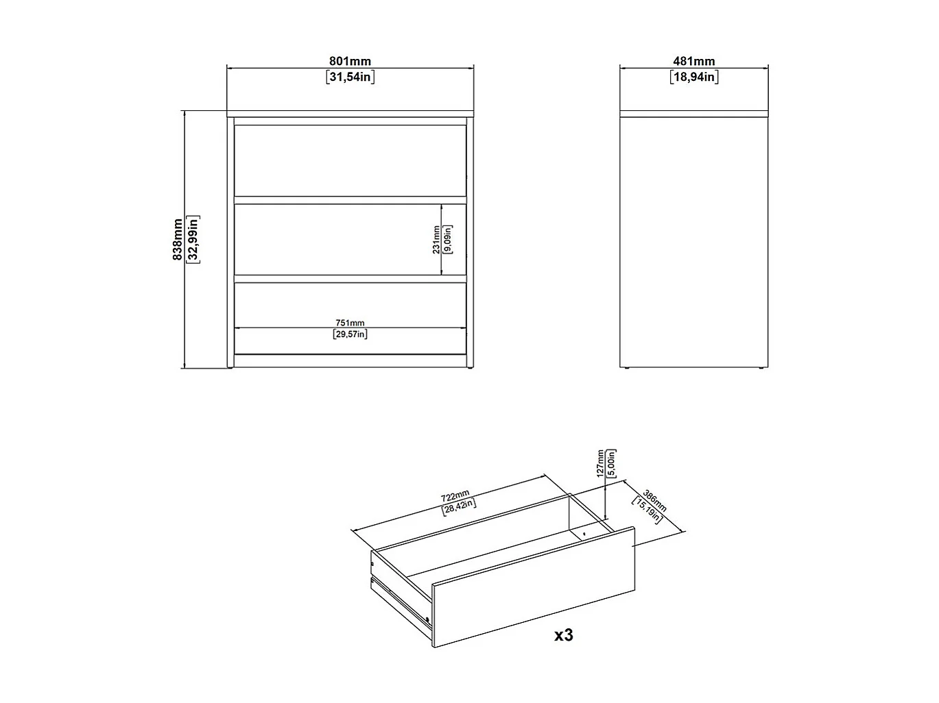 Next Kommode 3 Schubladen weiß Hochglanz.