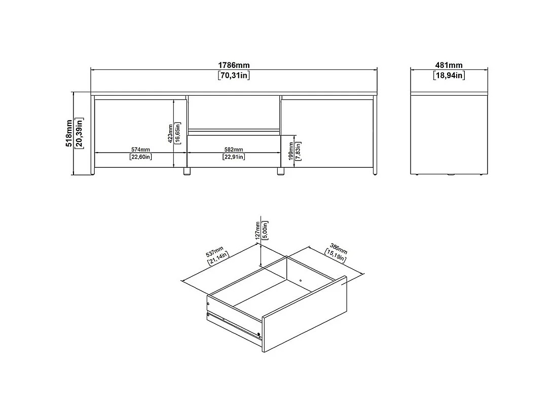 Next TV Tisch 2 Türen, 1 Schublade, 1 Ablage Eichen-Dekor, weiß hochglanz.