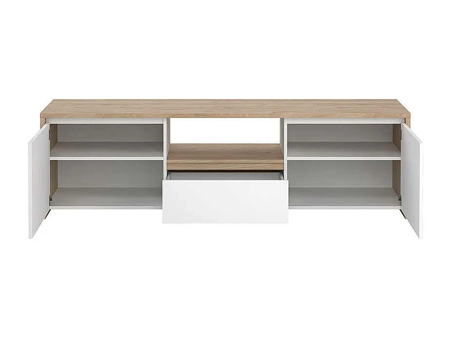 Next TV Tisch 2 Türen, 1 Schublade, 1 Ablage Eichen-Dekor, weiß hochglanz.