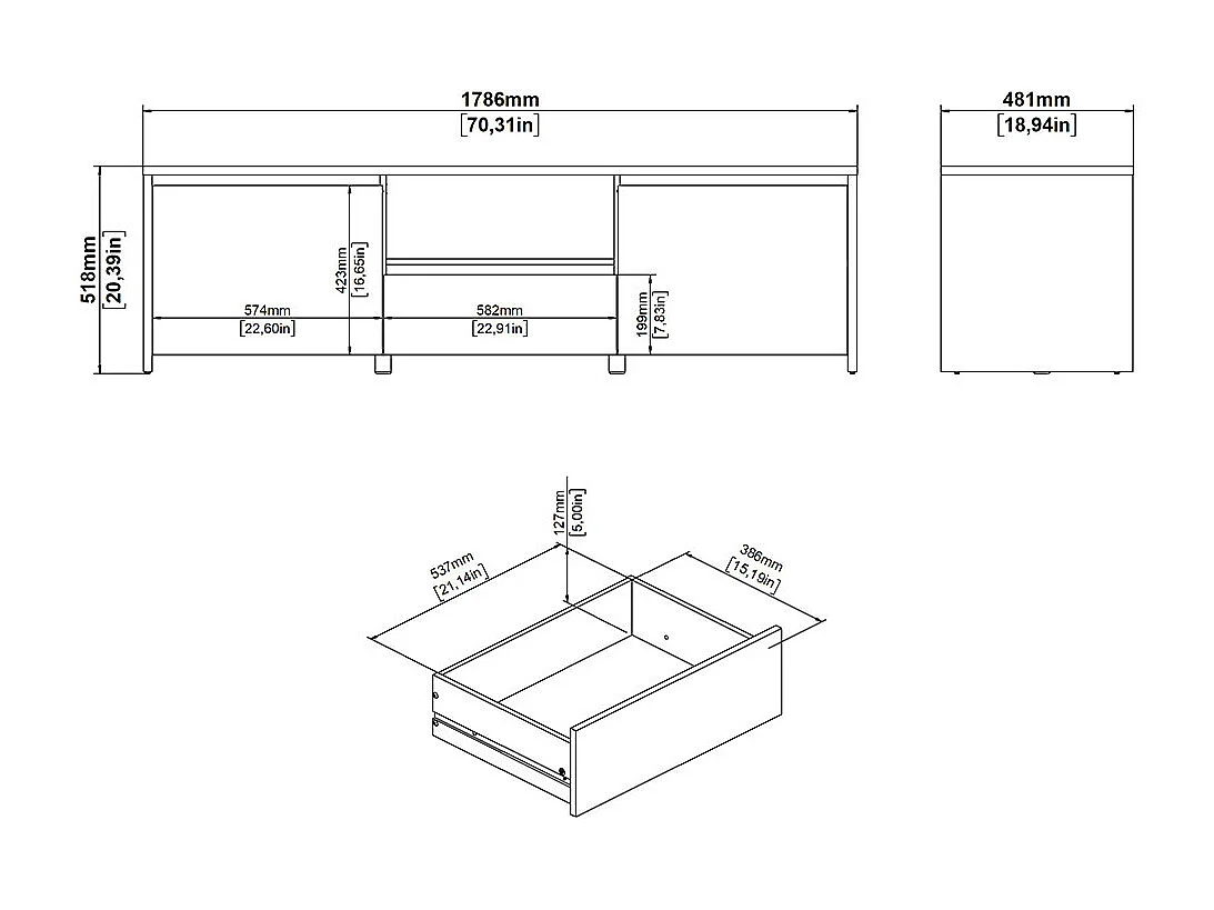 Next TV Tisch 2 Türen, 1 Schublade, 1 Ablage Eichen-Dekor, weiß hochglanz.