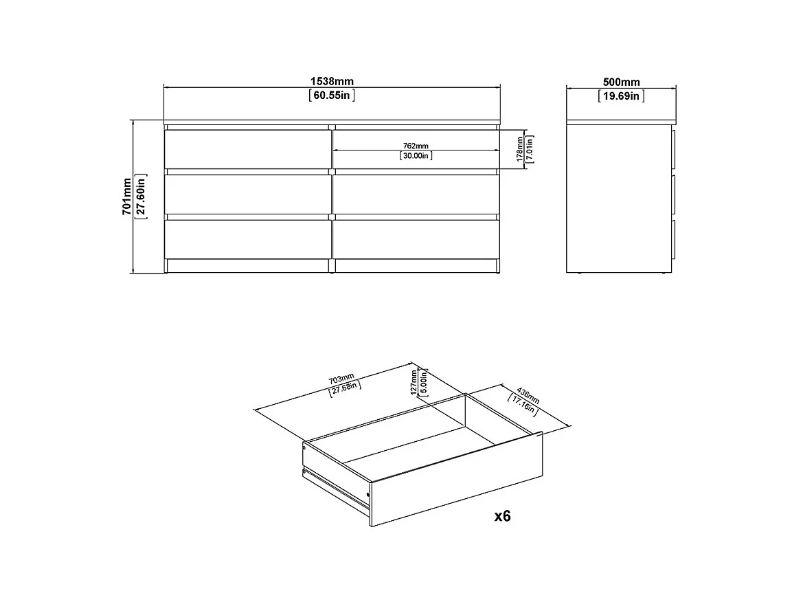 Noulan Kommode 6 Schubladen, weißes Esche Dekor.