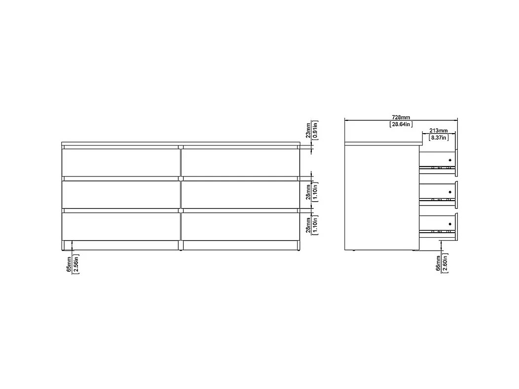 Noulan Kommode 6 Schubladen, weißes Esche Dekor.