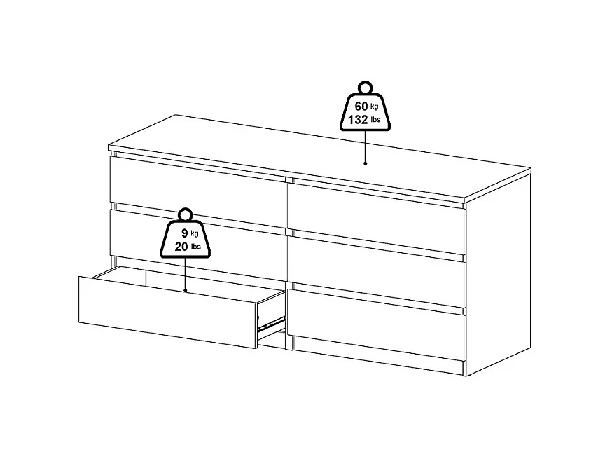 Noulan Kommode 6 Schubladen, weißes Esche Dekor.