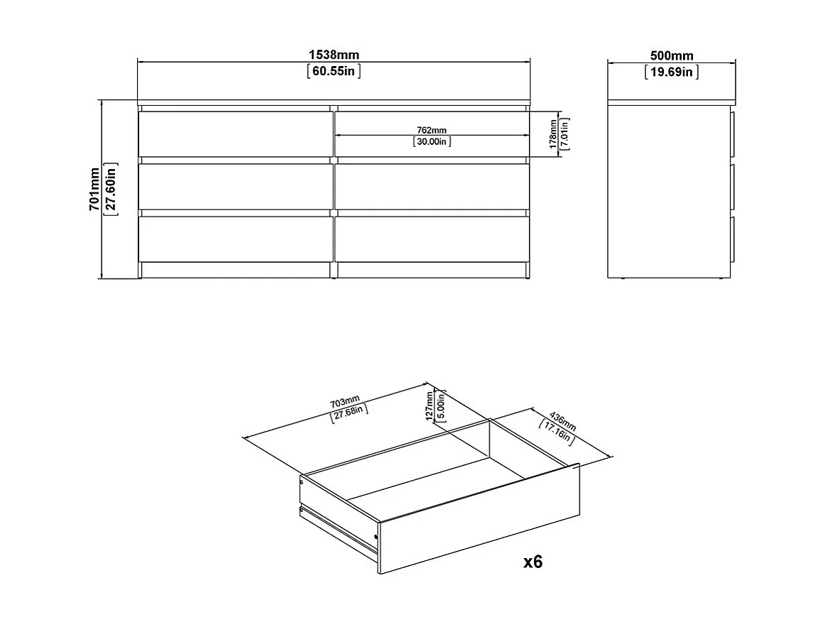 Noulan Kommode 6 Schubladen, weißes Esche Dekor.