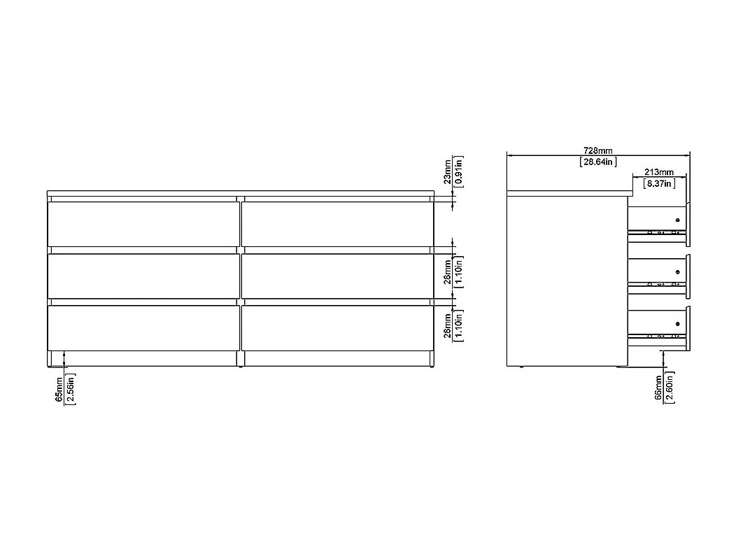 Noulan Kommode 6 Schubladen, weißes Esche Dekor.