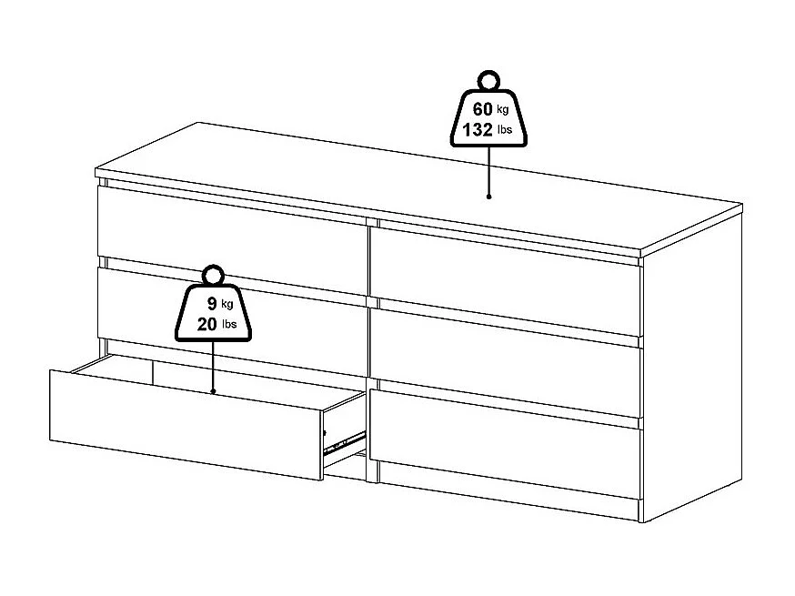Noulan Kommode 6 Schubladen, weißes Esche Dekor.