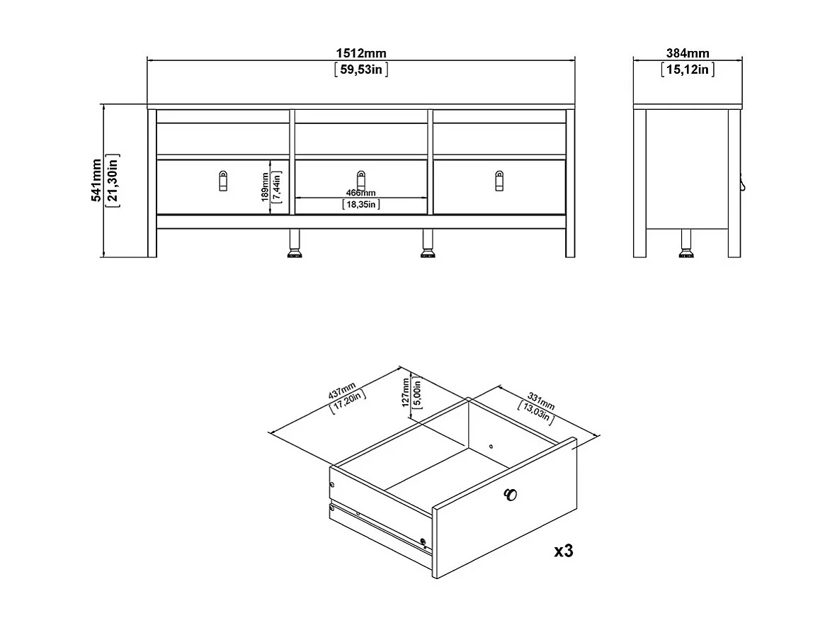 Madrid TV Tisch 3 Schubladen Eichen-Dekor.