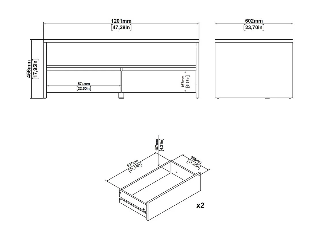 Next Couchtisch 2 Schubladen, 2 Ablagen Eichen-Dekor, weiß hochglanz.