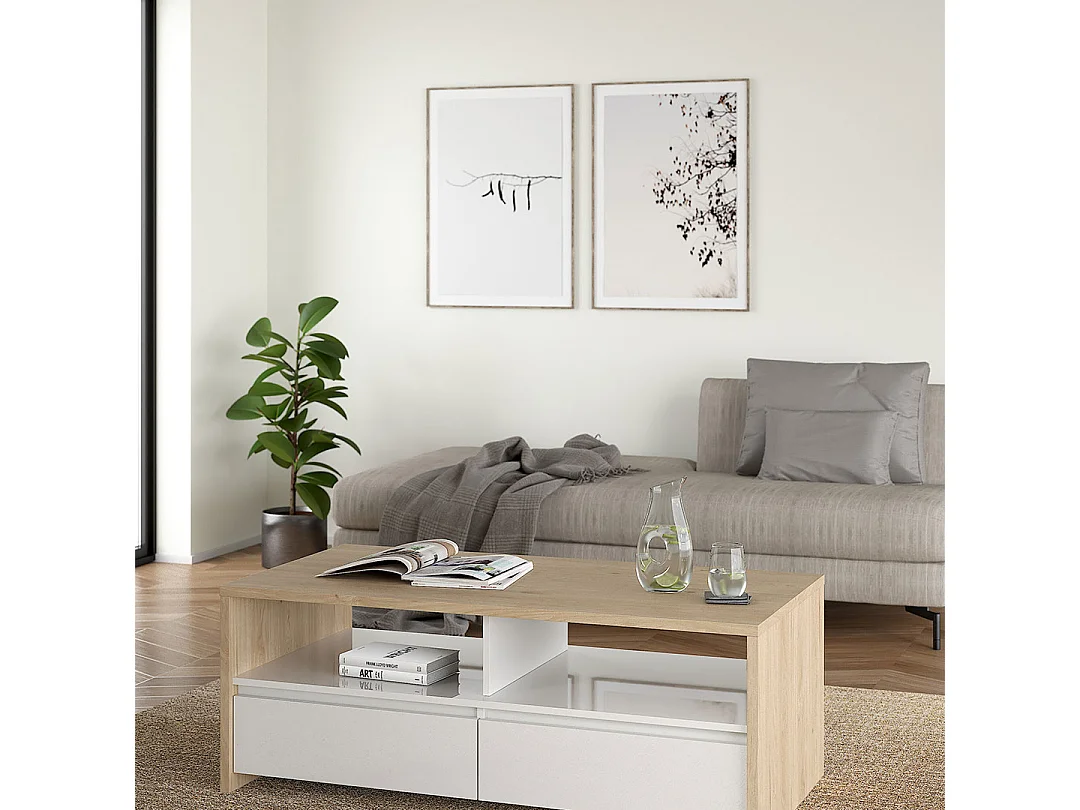 Next Couchtisch 2 Schubladen, 2 Ablagen Eichen-Dekor, weiß hochglanz.