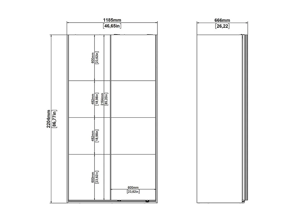 Catania Kleiderschrank 221x119x67cm, 2 Schiebetüren matt schwarz.