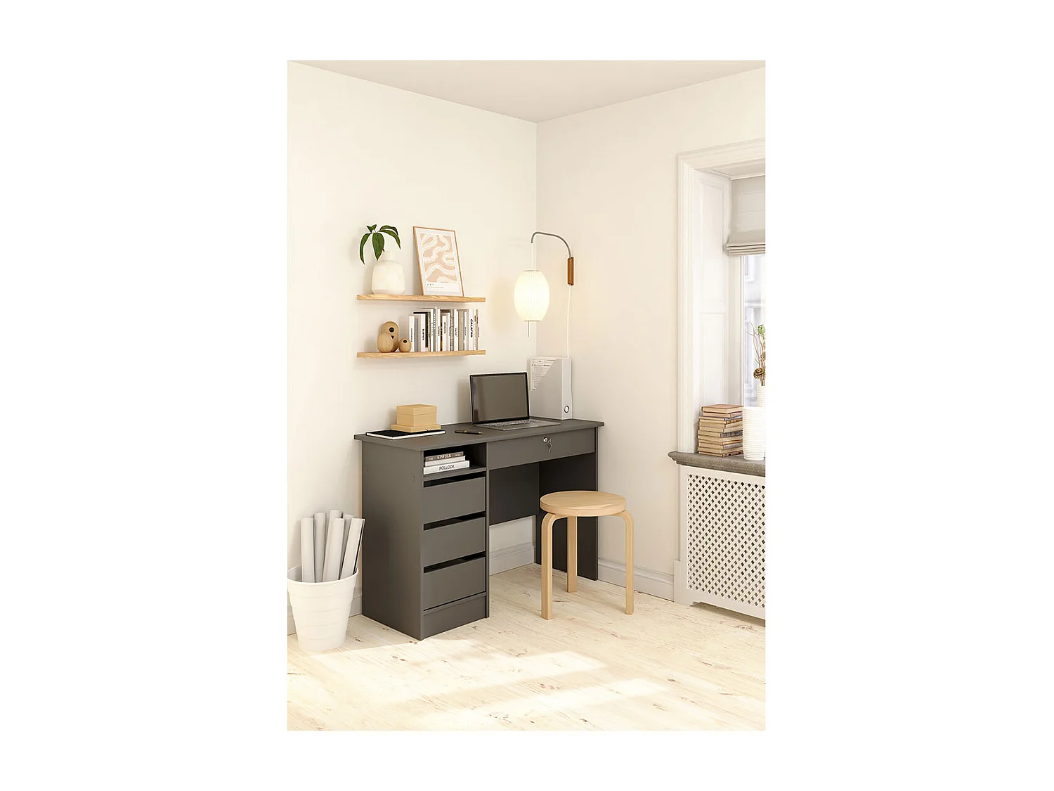 FunctionPlus Schreibtisch 1 Ablage, 4 Schubladen matte grau.