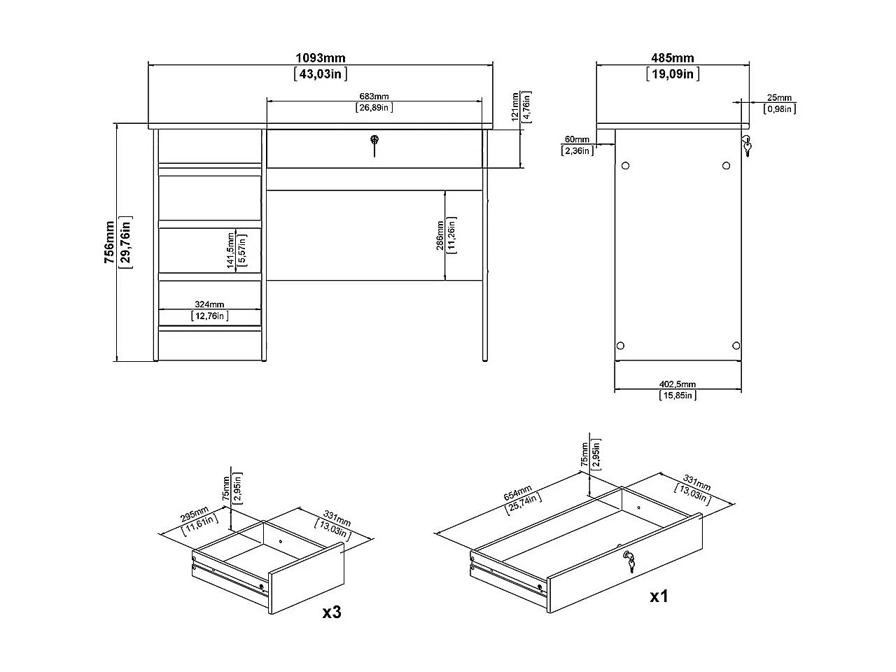 FunctionPlus Schreibtisch 1 Ablage, 4 Schubladen matte grau.