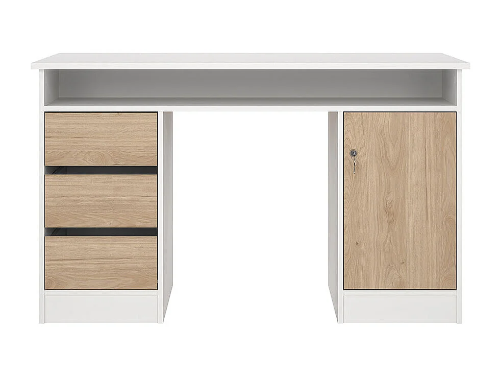 FunctionPlus Schreibtisch 1 Ablage, 1 Tür, 3 Schubladen weiß, Eichen-Dekor.