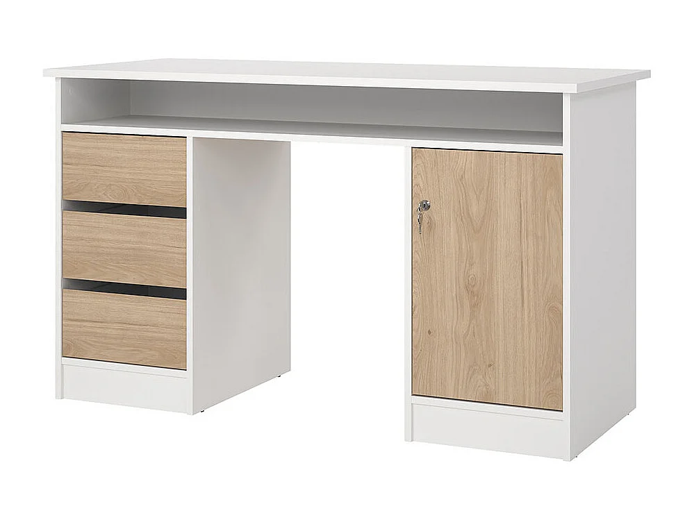 FunctionPlus Schreibtisch 1 Ablage, 1 Tür, 3 Schubladen weiß, Eichen-Dekor.